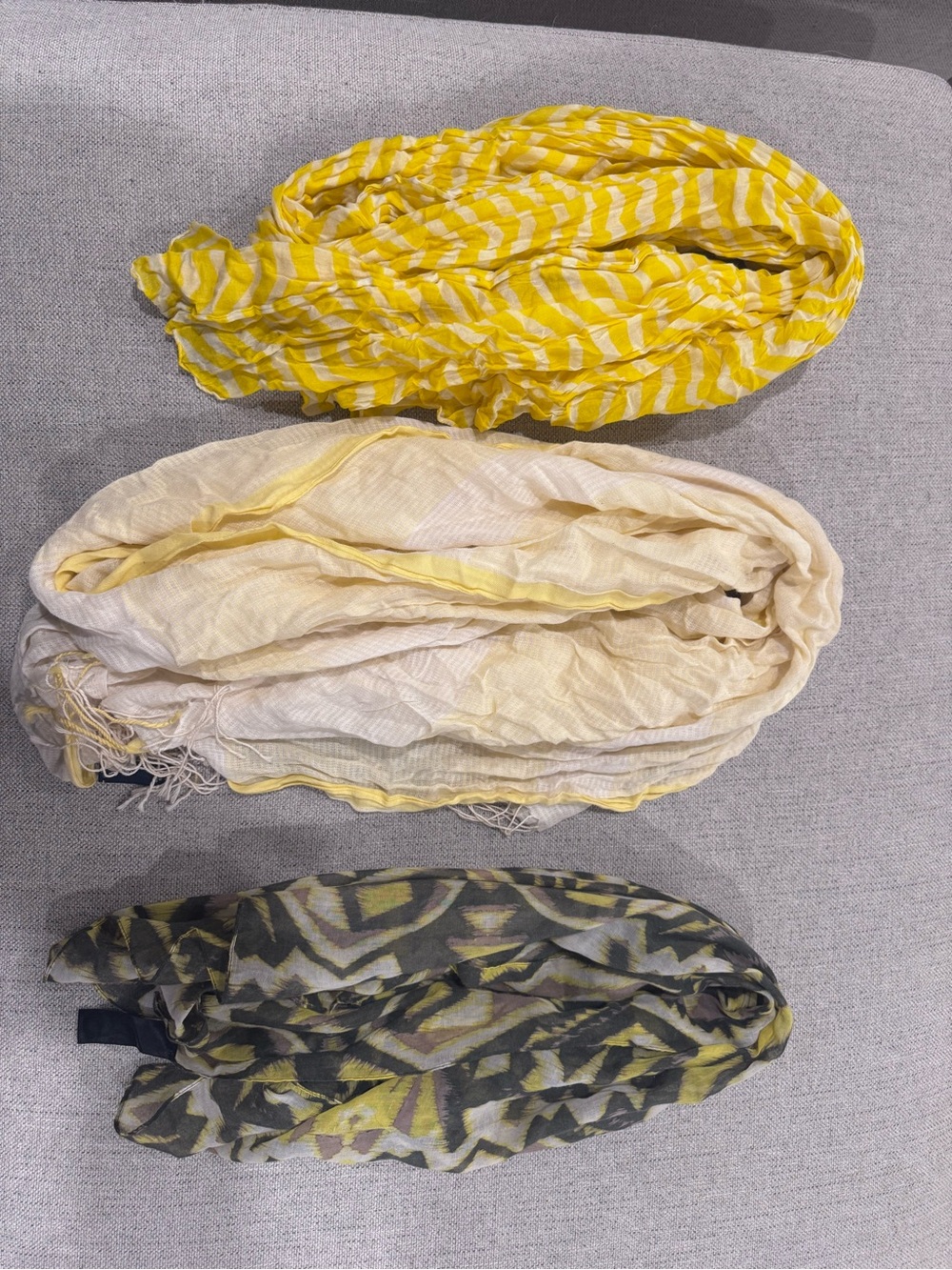 Yellow Stripe, Cream, and Patterned Grey-Yellow Scarves - Set of 3